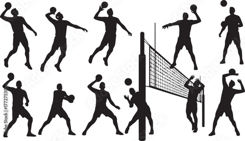 Dynamic volleyball players in action silhouettes serving spiking and blocking at the net for a winning game