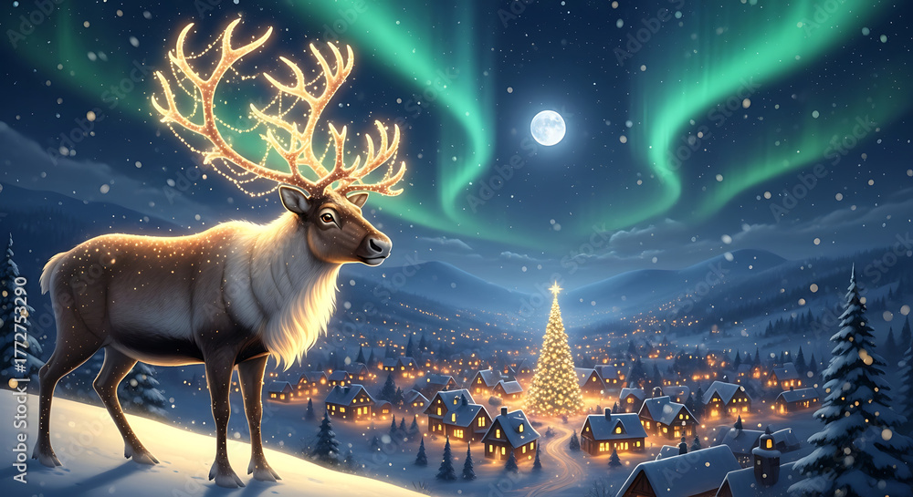 Naklejka premium Reindeer of Light — The Magic Guide of Christmas Dreams. generative ai