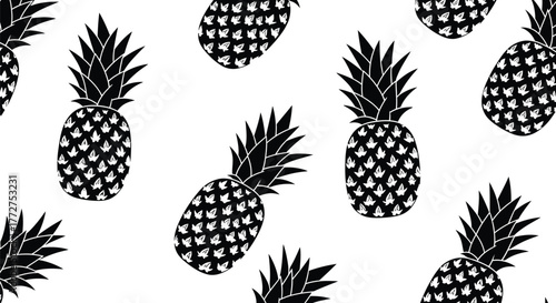 Bold black pineapple pattern on a clean white background, tropical summer design.
