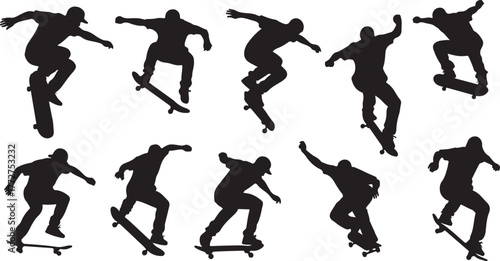 Dynamic skateboarders perform daring aerial tricks and street stunts in a collection of energetic black silhouettes.