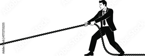 Determined businessman in suit pulling a heavy rope with all his might.