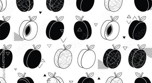 Playful black and white abstract plum pattern with geometric shapes
