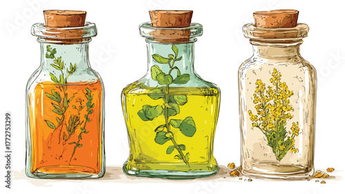 Organic Herbal Oil Poured in Glass Corked Jars Vector Illustration