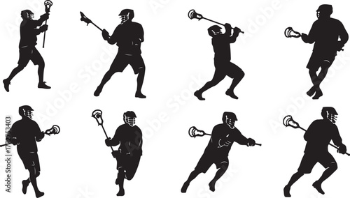 Dynamic lacrosse player silhouettes capture athletic action and competitive spirit for sports design projects