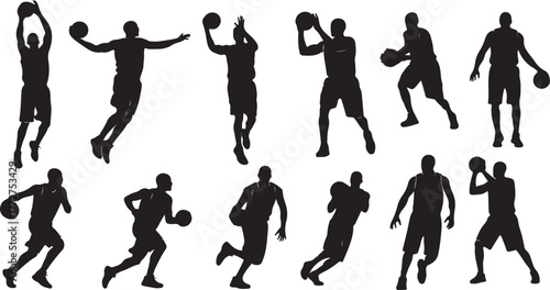 Dynamic basketball players captured mid-action, showcasing agility, skill, and athletic prowess in striking silhouettes for sports design.
