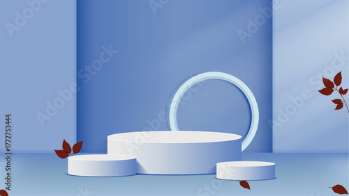 Minimal Blue 3D Podium Background with Circular Stage and Decorative Leaves for Product Display or Cosmetic Presentation