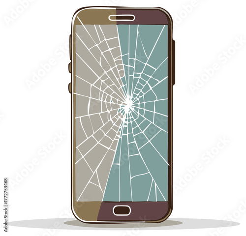 Smartphone with shattered glass screen in spiderweb pattern on white background
