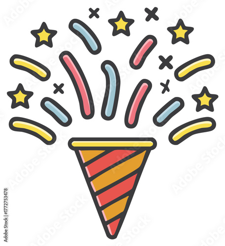 Festive party popper celebration icon with exploding stars and colorful confetti