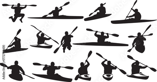 Dynamic kayakers in action, showcasing athletic grace and thrilling water sports adventures with powerful paddle strokes.