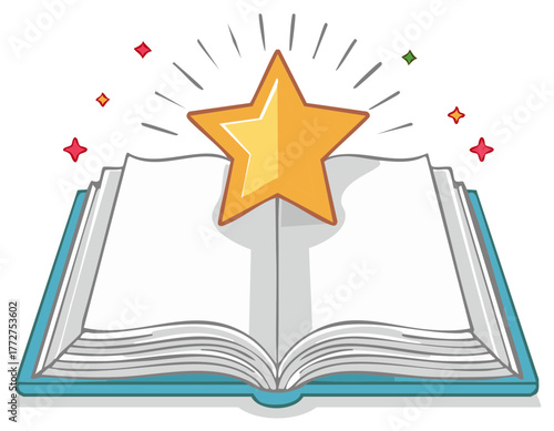 Golden Star Award Shines Above Open Book with Sparkling Stars