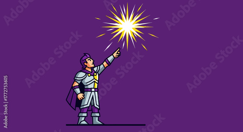 Cartoon warrior pointing to bright burst, illustration of courage and inspiration