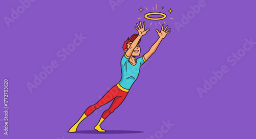 Cartoon character reaching for a shimmering halo in the sky with playful ambition and zeal