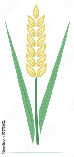 Stylized illustration of a golden wheat stalk with green leaves and stem, isolated on a white background.