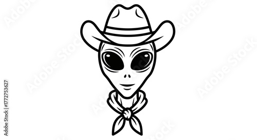 Outlaw Alien Cartoon Icon Graphic Illustration Character Design Wearing Cowboy Hat and Bandana