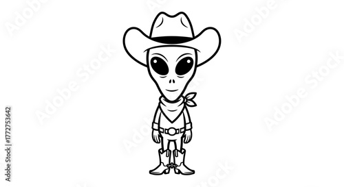 Illustrative character of an extraterrestrial cowboy from outer space in line art style