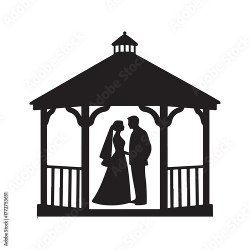 Elegant minimalist bride and groom silhouette within classic gazebo frame on white background. 
