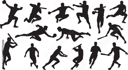 Dynamic baseball players in action silhouettes showcasing pitching, batting, and fielding for sports graphics and designs