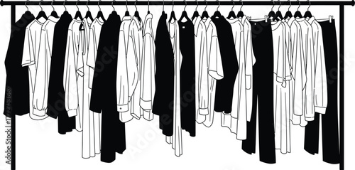 Minimalist black and white clothing rack with elegant garments