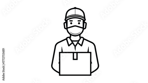 Professional Courier Delivering Parcel in Cap and Mask with Delivery Box Line
