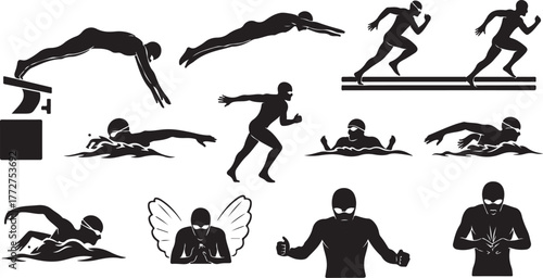 Dynamic swimmers and runners capture athletic motion, celebrating sports achievement and competitive spirit in silhouette style