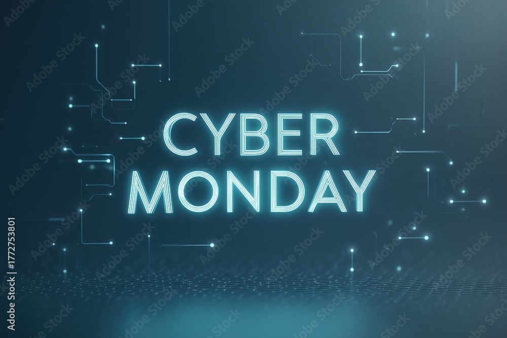 Fototapeta premium Electric cyan glow text CYBER MONDAY on deep navy background with neon blue circuit lines