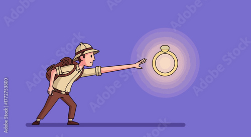 Cartoon adventurer reaching for a symbolic ring in a pursuit of dreams and aspirations illustration