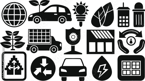 Black silhouettes of environmental, recycling, and sustainable living icons collection.