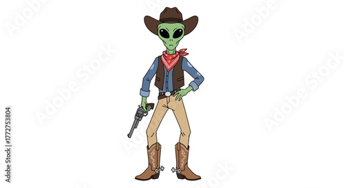Alien cowboy cartoon character embodying space western theme and science fiction fusion