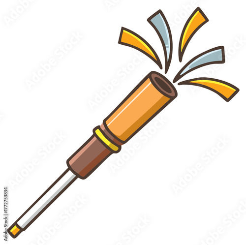 Cartoon party popper with colorful confetti bursting from the top