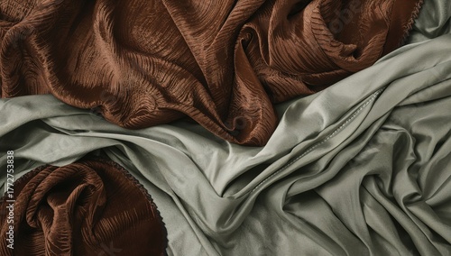 Brown and light green silk texture with satin and velvet material, suitable for editorial header background