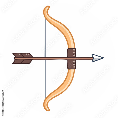 A simple cartoon illustration of a classic wooden bow with a nocked arrow ready to aim