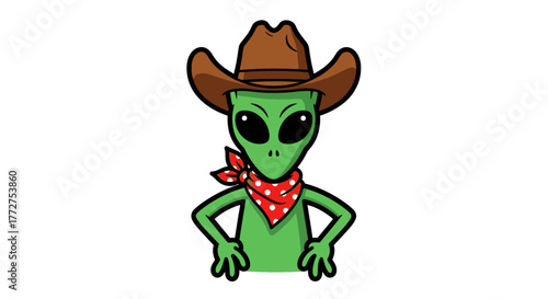 Cartoon Alien Cowboy Ready for an Intergalactic Showdown Wearing a Bandana and Hat