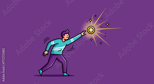 Cartoon man reaching out to a gleaming coin amidst sparkling rays of financial opportunity