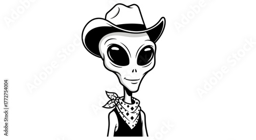 Cartoon Illustration: An Extraterrestrial with a Cowboy Hat embodying western style and modern