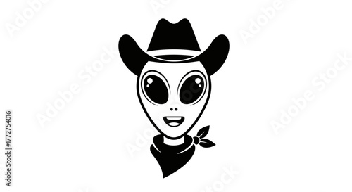 Monochrome illustration of a cartoon alien wearing a cowboy hat and bandana design element