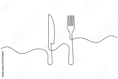 Minimalist continuous one line drawing of knife and fork on a white background, perfect for restaurant, cafe, and dining logo design