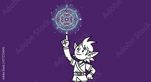 Whimsical elf cartoon character conjuring magical geometric pattern in the air art