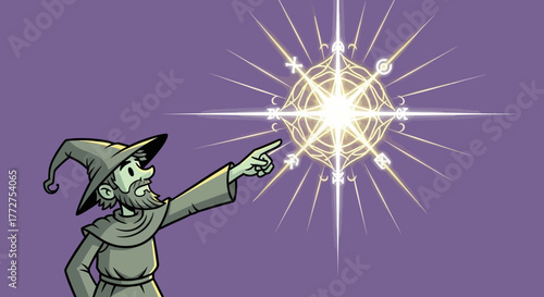 A Cartoon Wizard Points to a Mystical Celestial Body Emitting Magical Energy and Light