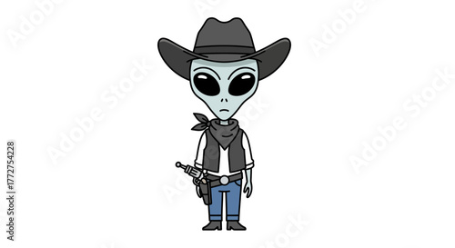 A whimsical alien cowboy character illustration ready for intergalactic adventures on the wild