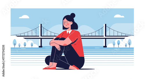 Contemplative woman sitting near a bridge, embracing tranquility and finding solace in urban nature