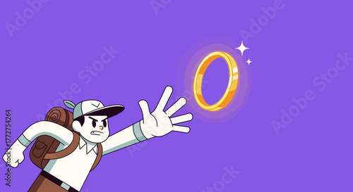 Cartoon adventurer reaches for a shimmering golden ring on a vibrant purple background