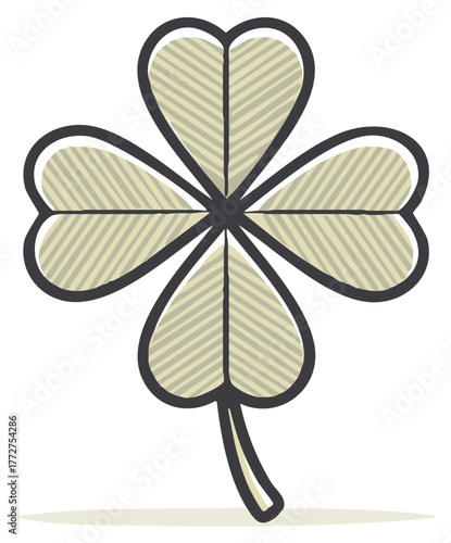 Hand drawn style four leaf clover illustration with striped leaves for good luck and St Patricks Day