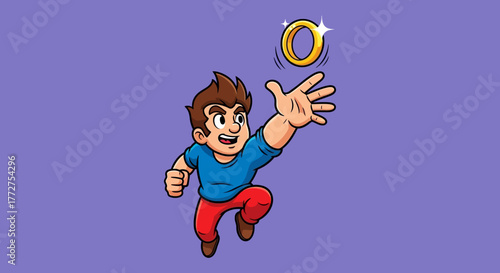 Cartoon character reaching for shiny gold ring illustration on purple backdrop image