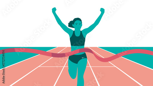 Successful female athlete celebrates crossing the race finish line