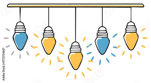Hand-drawn illustration of string lights, with yellow and blue light bulbs.