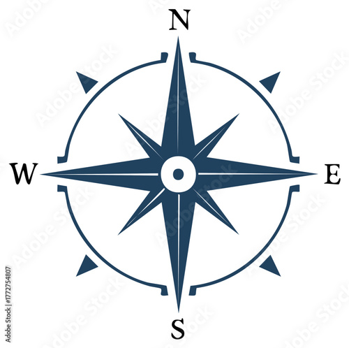 Simple dark blue wind rose compass showing cardinal directions north south east west