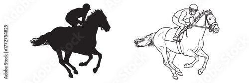 Dynamic racehorse and jockey vector art silhouette and detailed line drawing