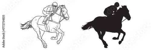 Dynamic Horse Racing Line Art and Silhouette Illustration of Jockey and Powerful Equine
