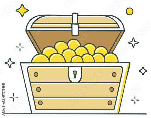 Open treasure chest full of golden coins and sparkling stars