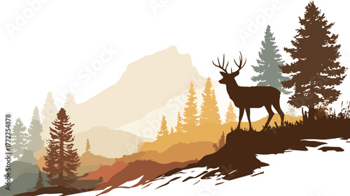 Majestic Deer Silhouette on Mountain Landscape Vector Illustration